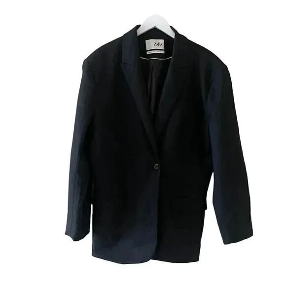 ZARA Single Button Black Oversized Blazer Suit Separates Viscose Blend SZ XL - Picture 1 of 11